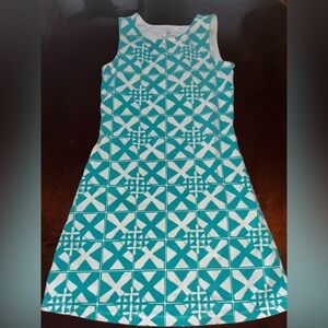 Mahi Gold Aqua white Geometric Print V-Neck Shift Dress s